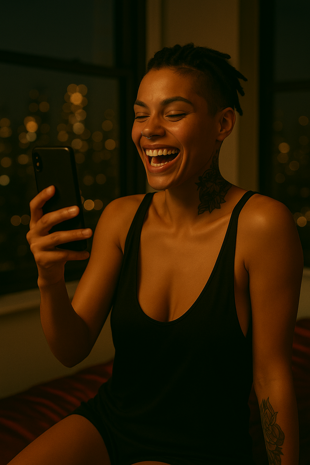 Facetime screen with soft-lit woman in tank top