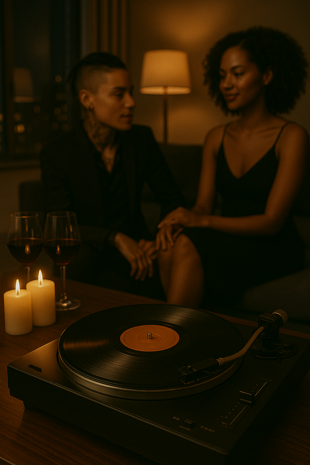 Lit candles and wine glasses on table