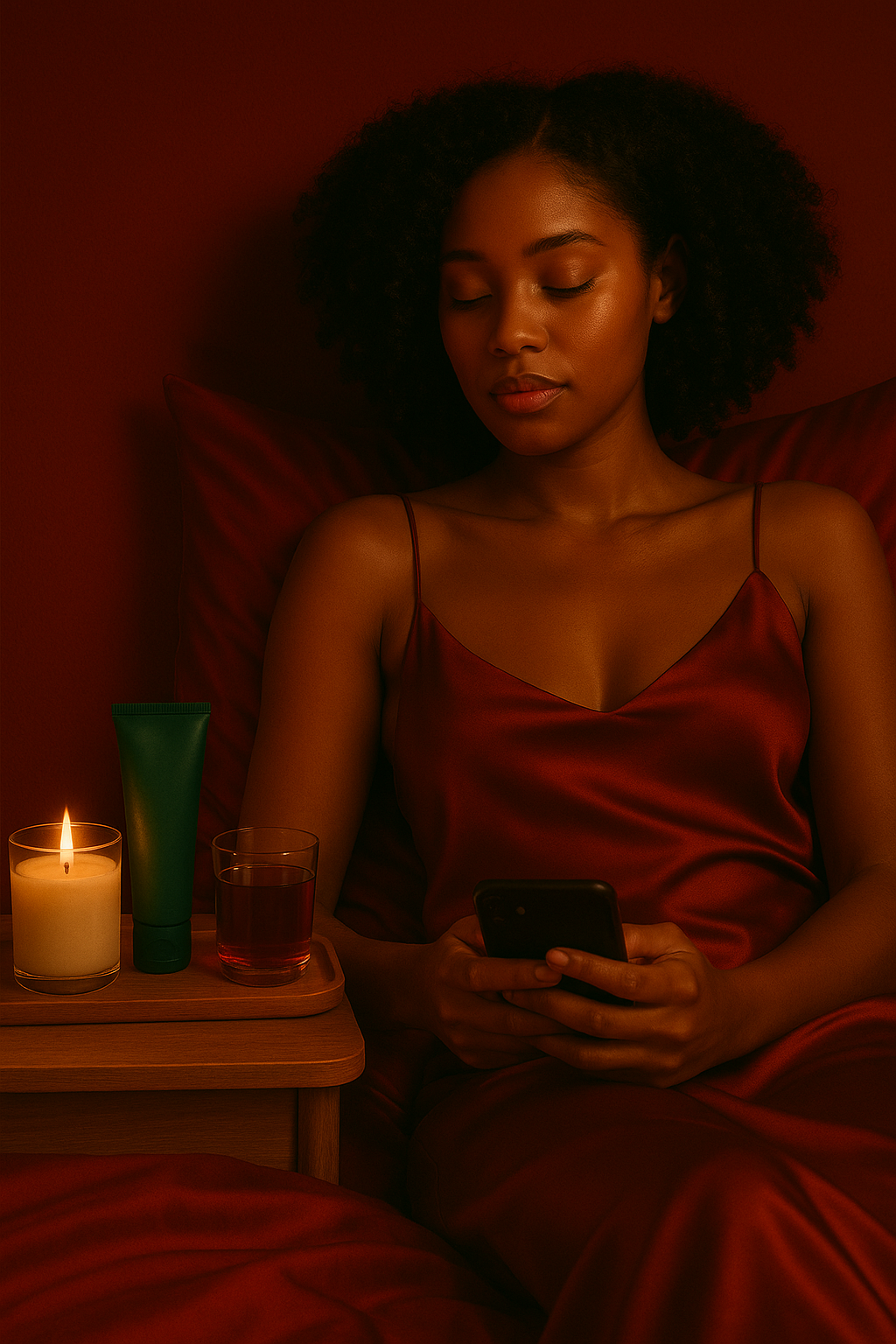 Woman in bed with face mask and wine