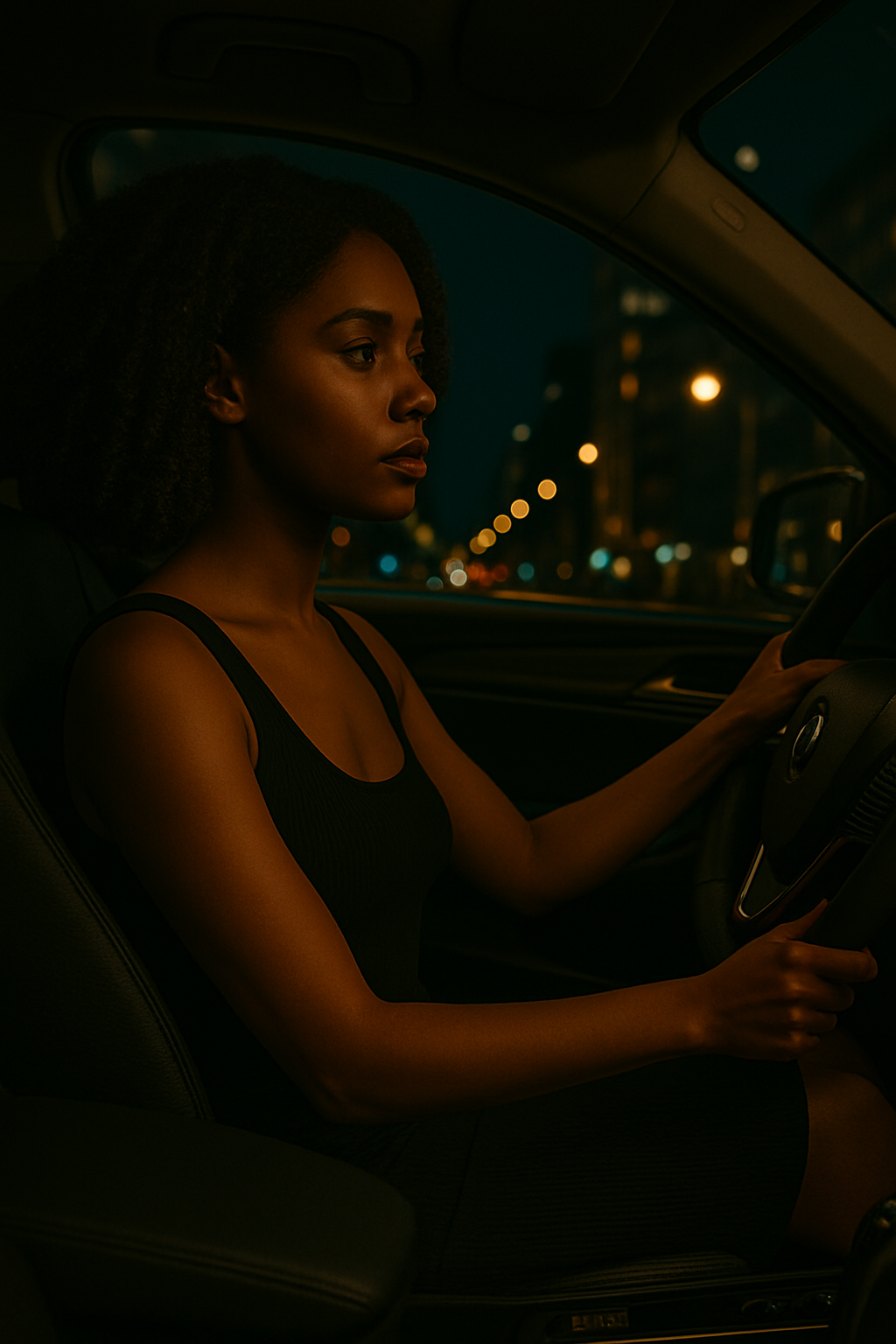 Woman driving through city at night